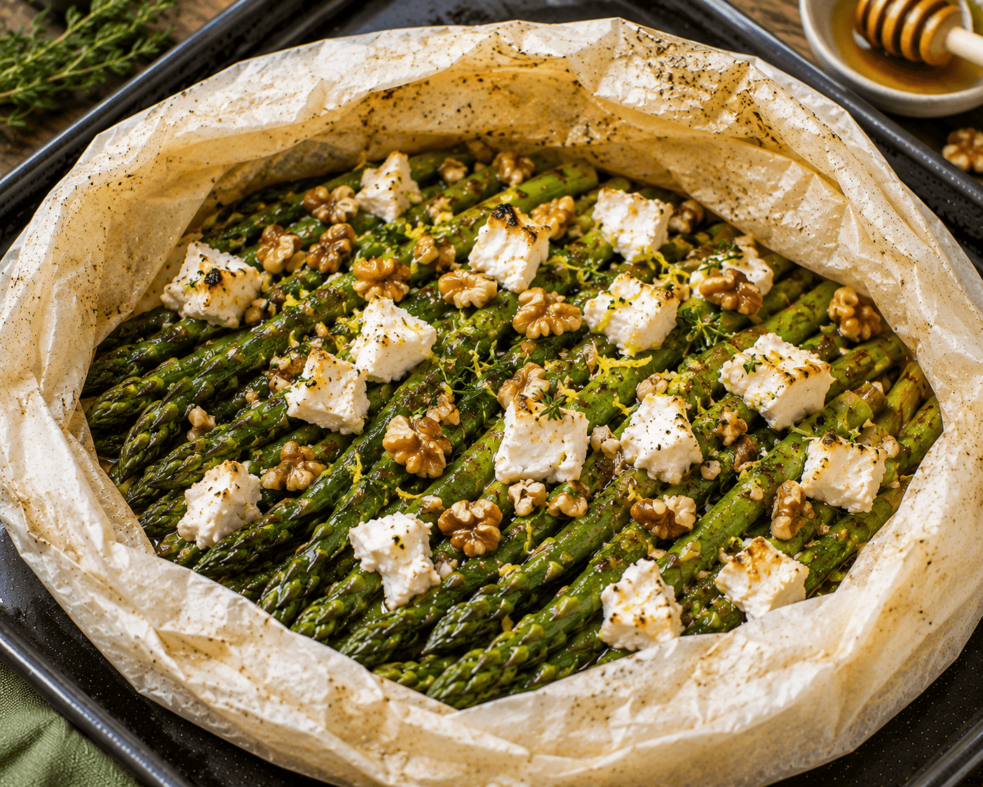 Groene asperges met geitenkaas, honing en walnoten.