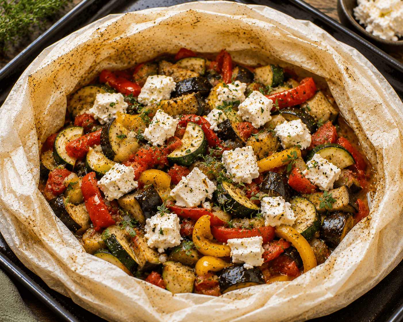 Ratatouille met feta en Provençaalse kruiden.