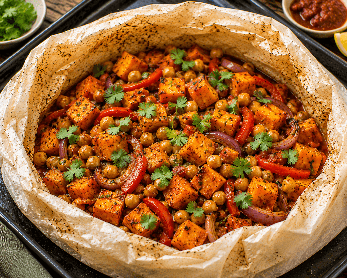 Zoete aardappel met kikkererwten en harissa.