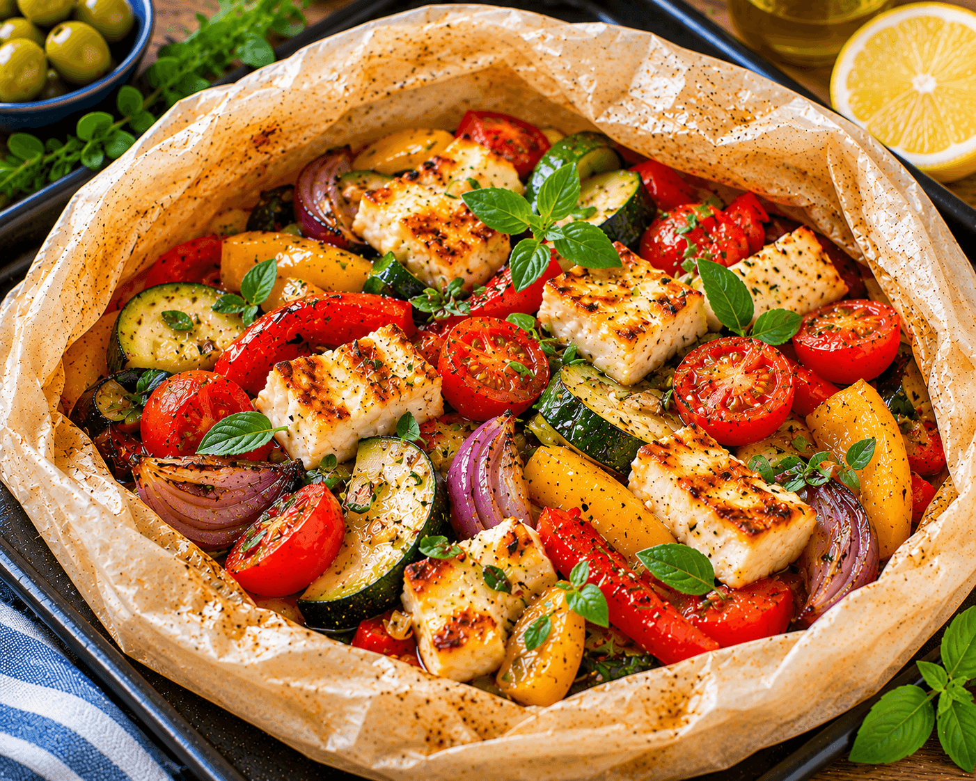 Mediterrane groenten met halloumi en oregano.
