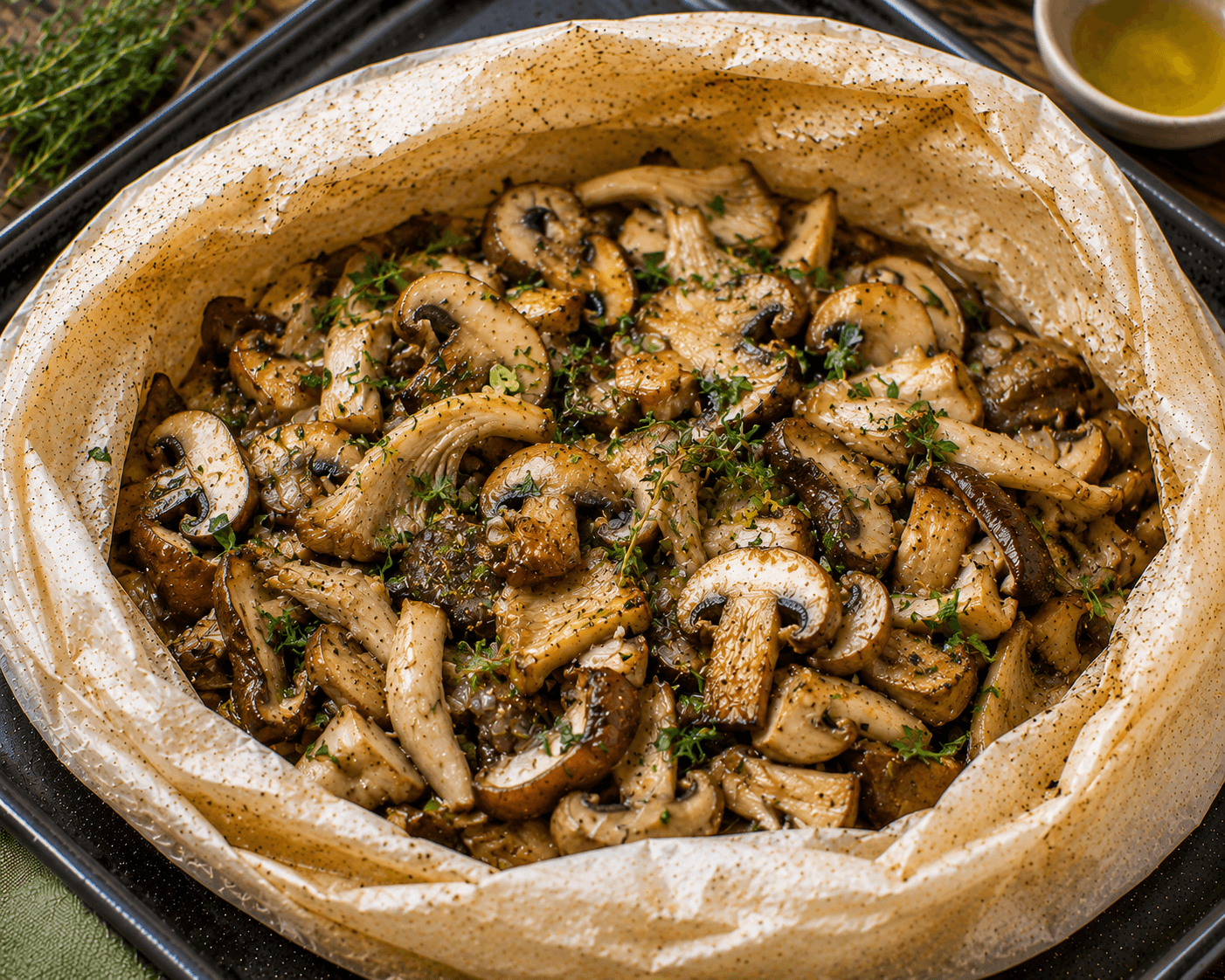 Paddenstoelenmix met truffelolie en tijm.