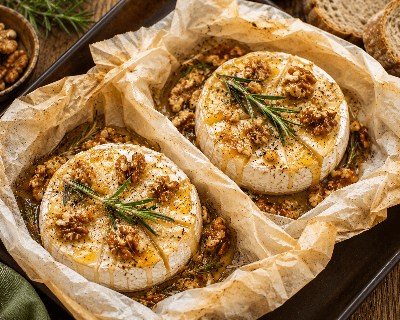 Camembert met honing, rozemarijn en walnoten.