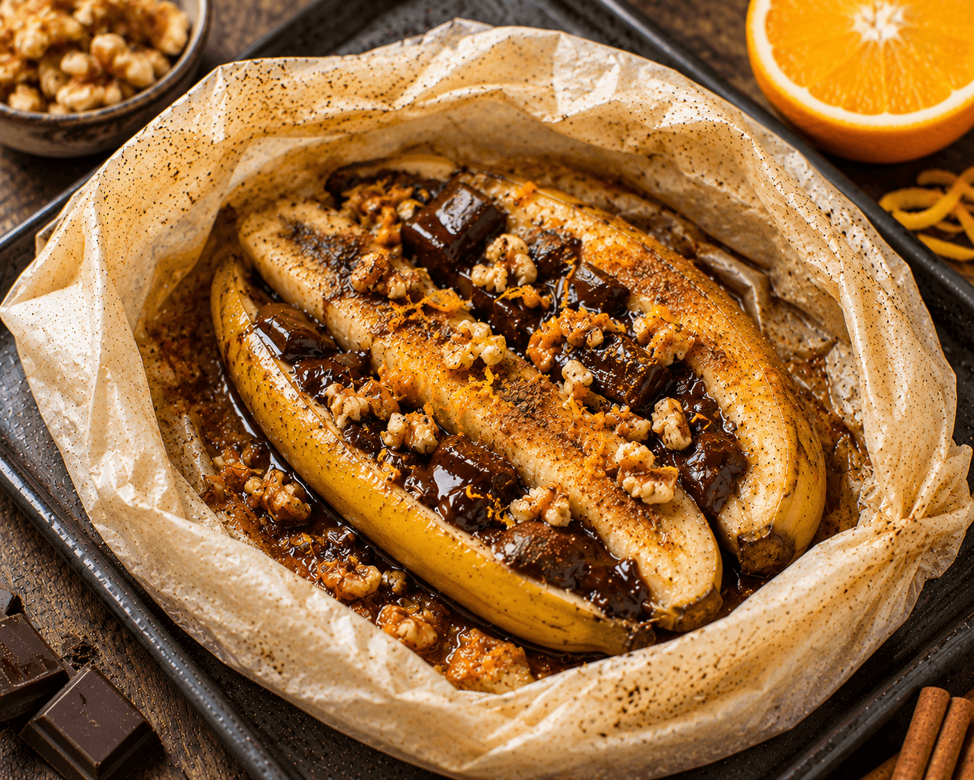 Banaan met pure chocolade en sinaasappel.