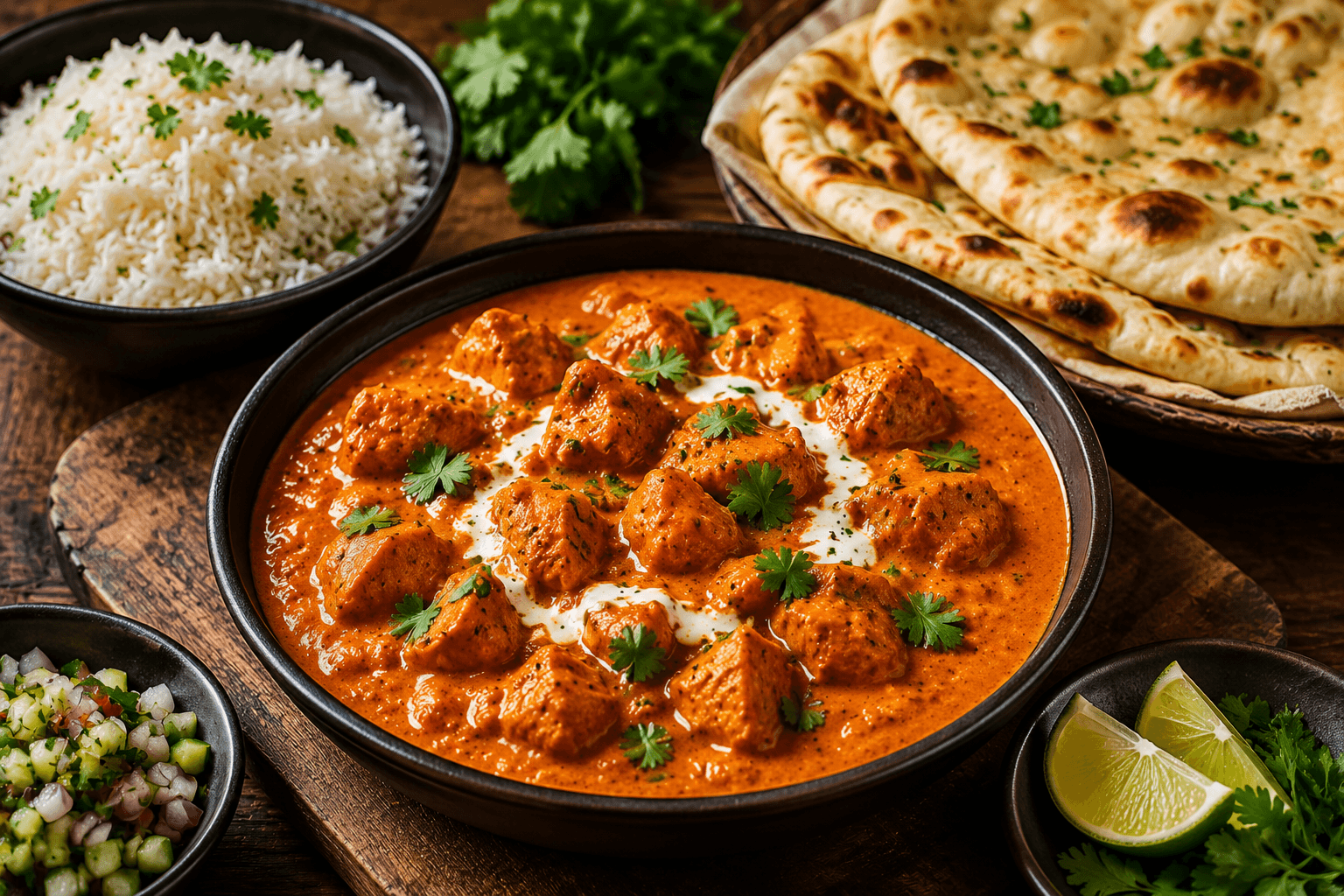 Indiase Butter Chicken met Naan en Basmatirijst