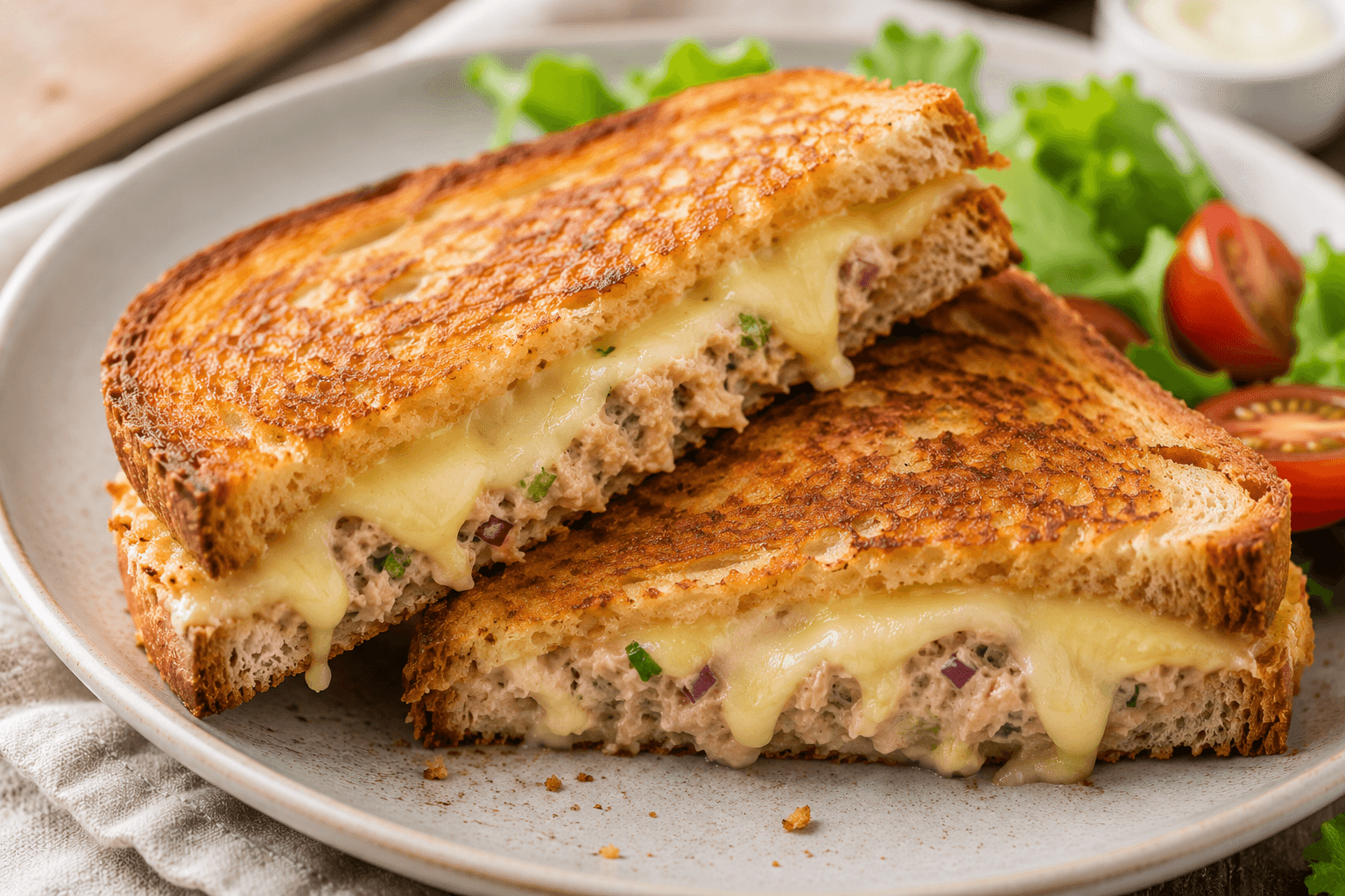 Tonijn tosti met gesmolten kaas.