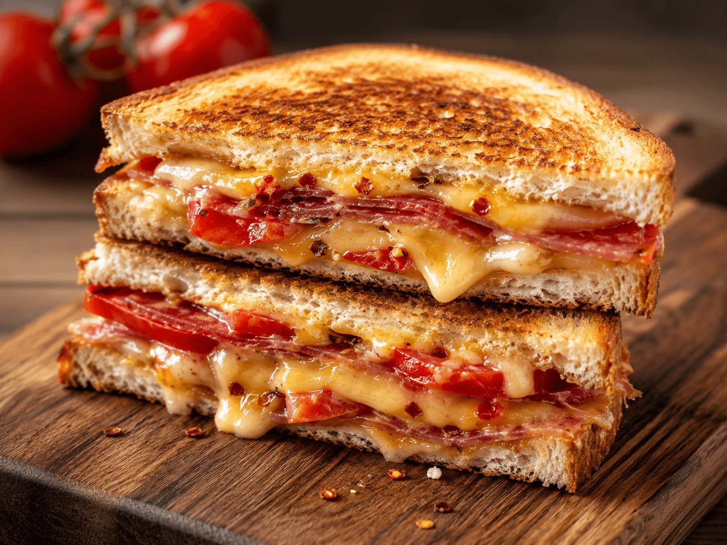 Trippel Tosti met Oude Kaas, Tomaat, Salami en Piri Piri