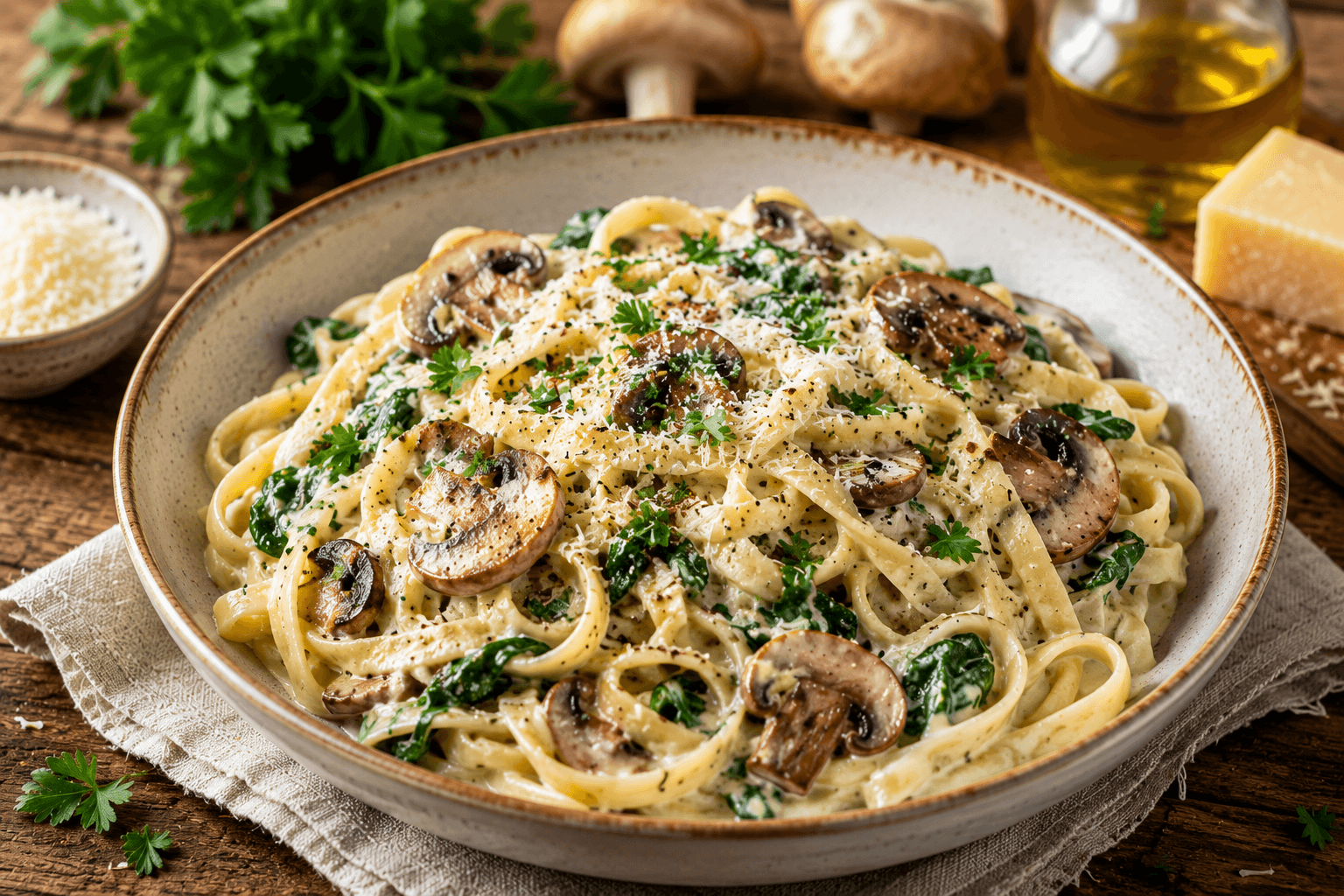 Romige Pasta met Champignons en Spinazie