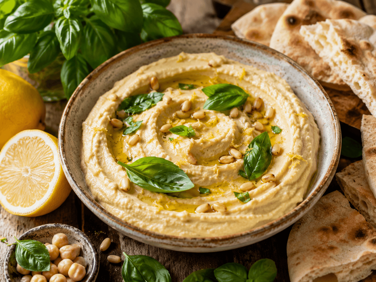 Hummus met basilicum en citroen