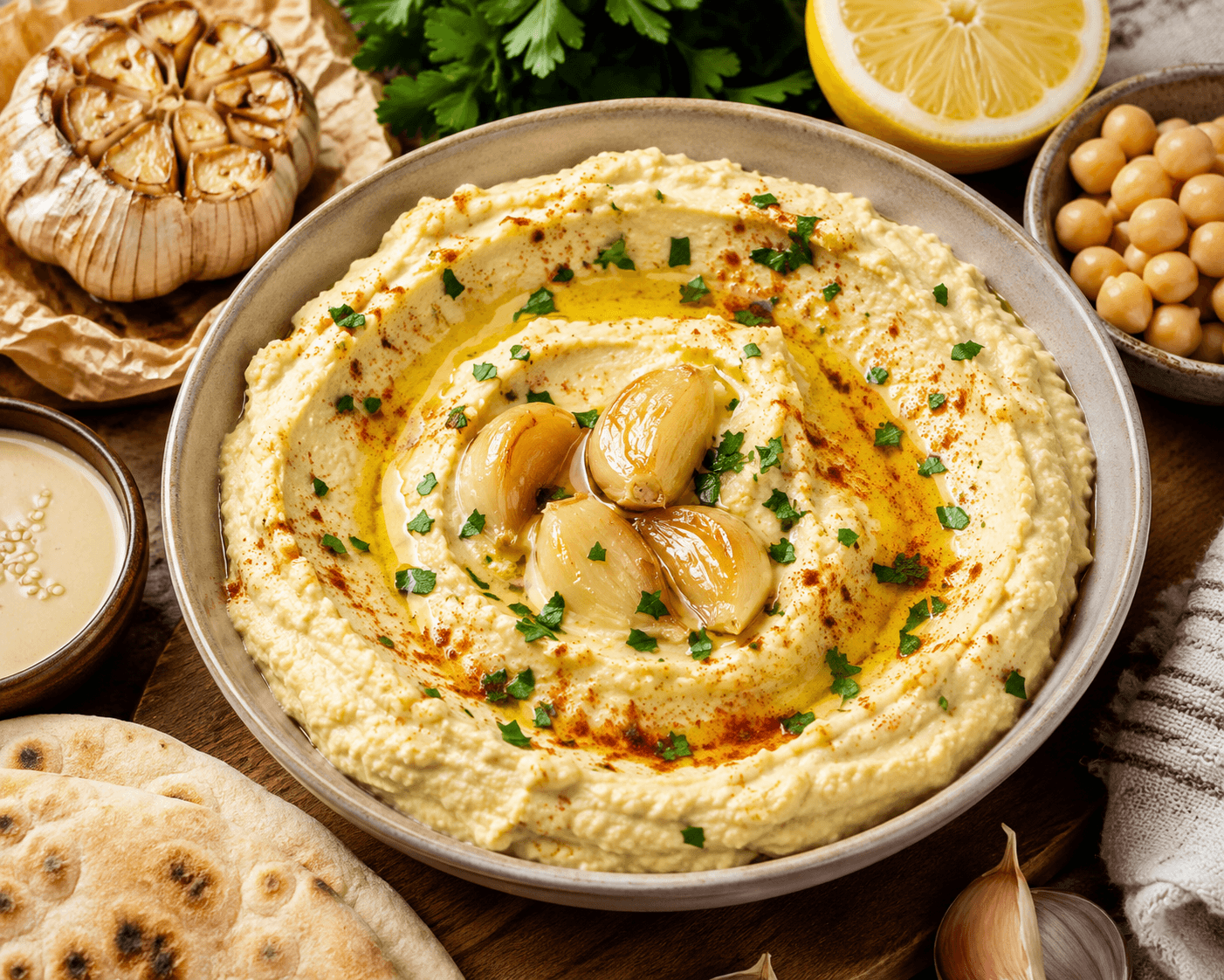 Hummus met geroosterde knoflook