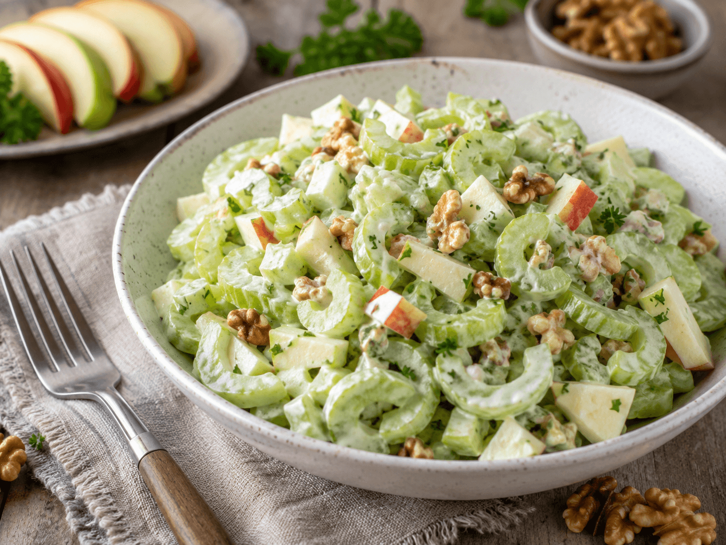Bleekselderijsalade met appel, walnoten en yoghurtdressing