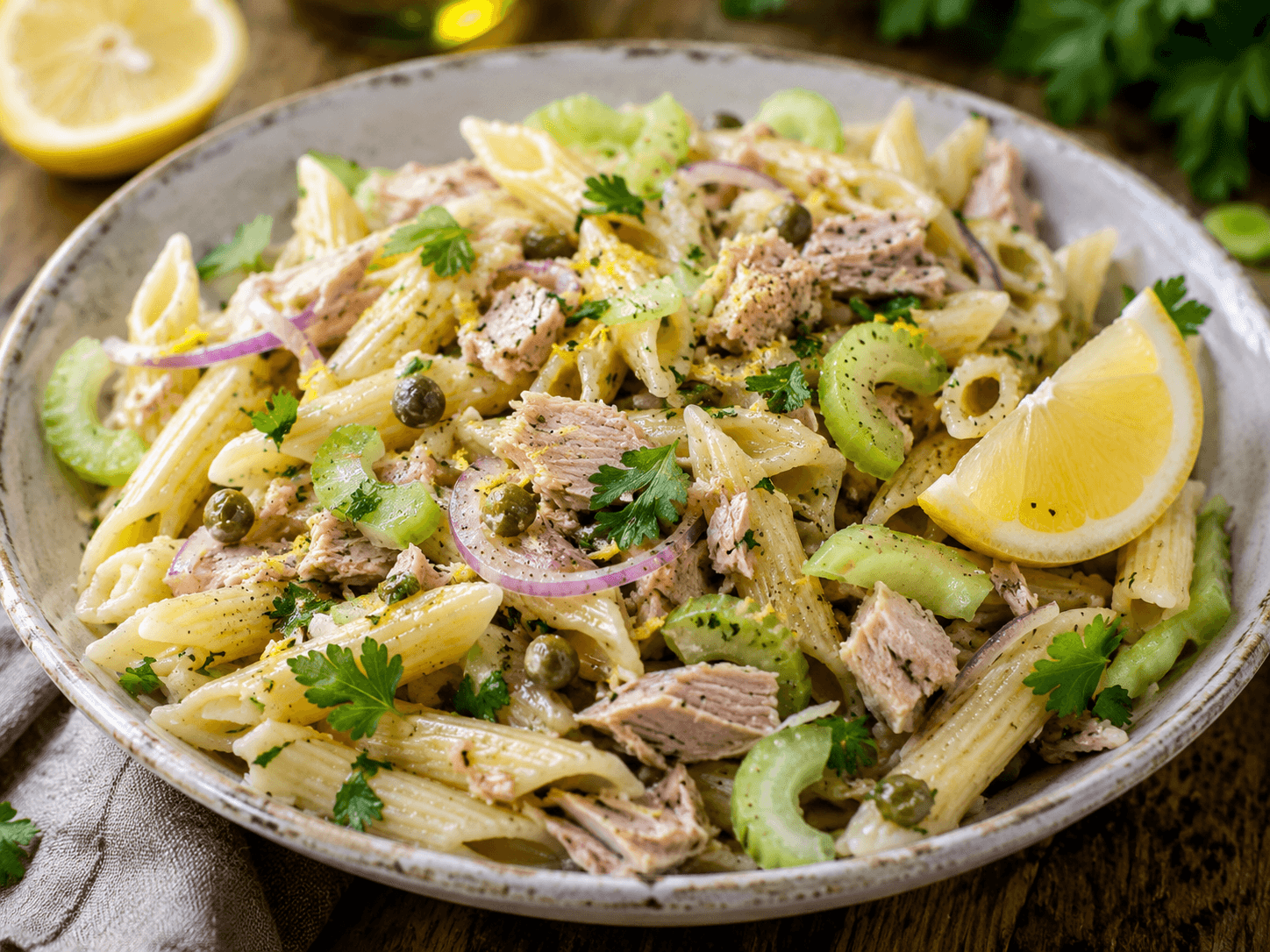 Pasta met tonijn, bleekselderij en citroen