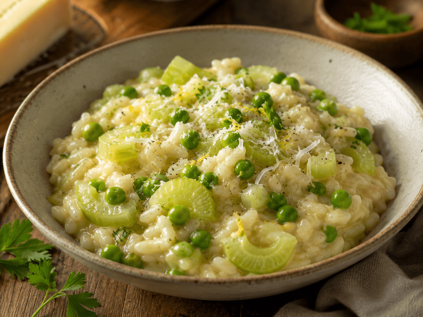 Risotto met bleekselderij, doperwten en Parmezaan