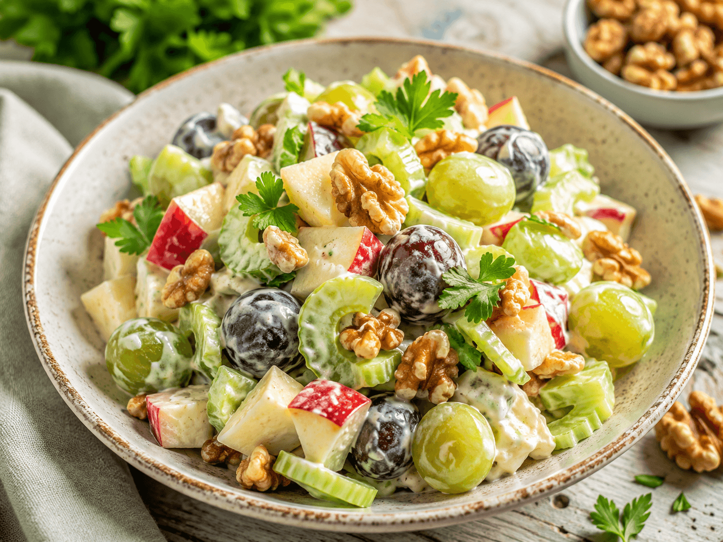 Waldorfsalade met bleekselderij, appel, druiven en walnoten