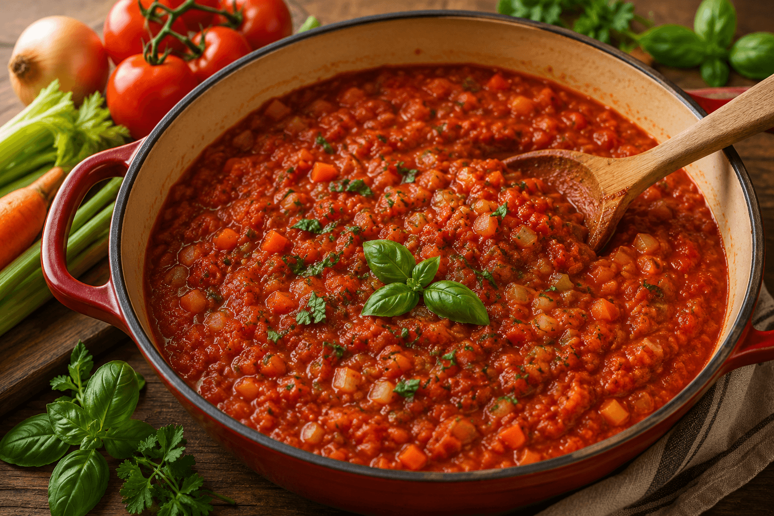Tomatensaus soffritto met bleekselderij, ui en wortel