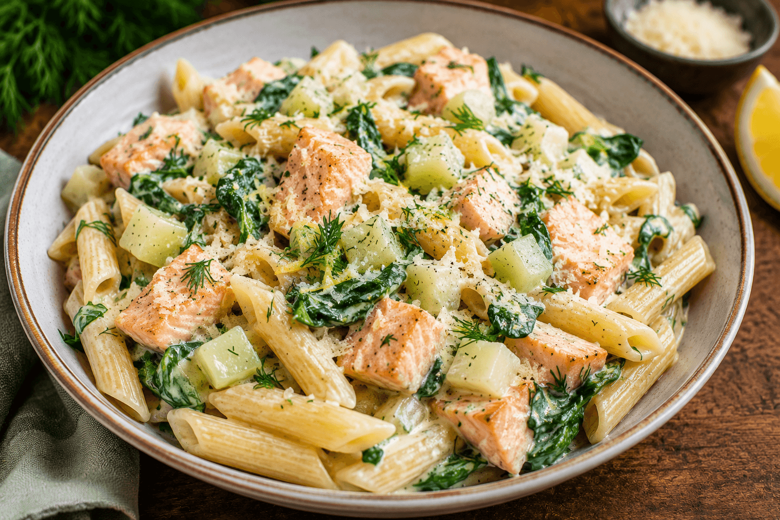 Romige Pasta met Koolrabi, Spinazie en Zalm