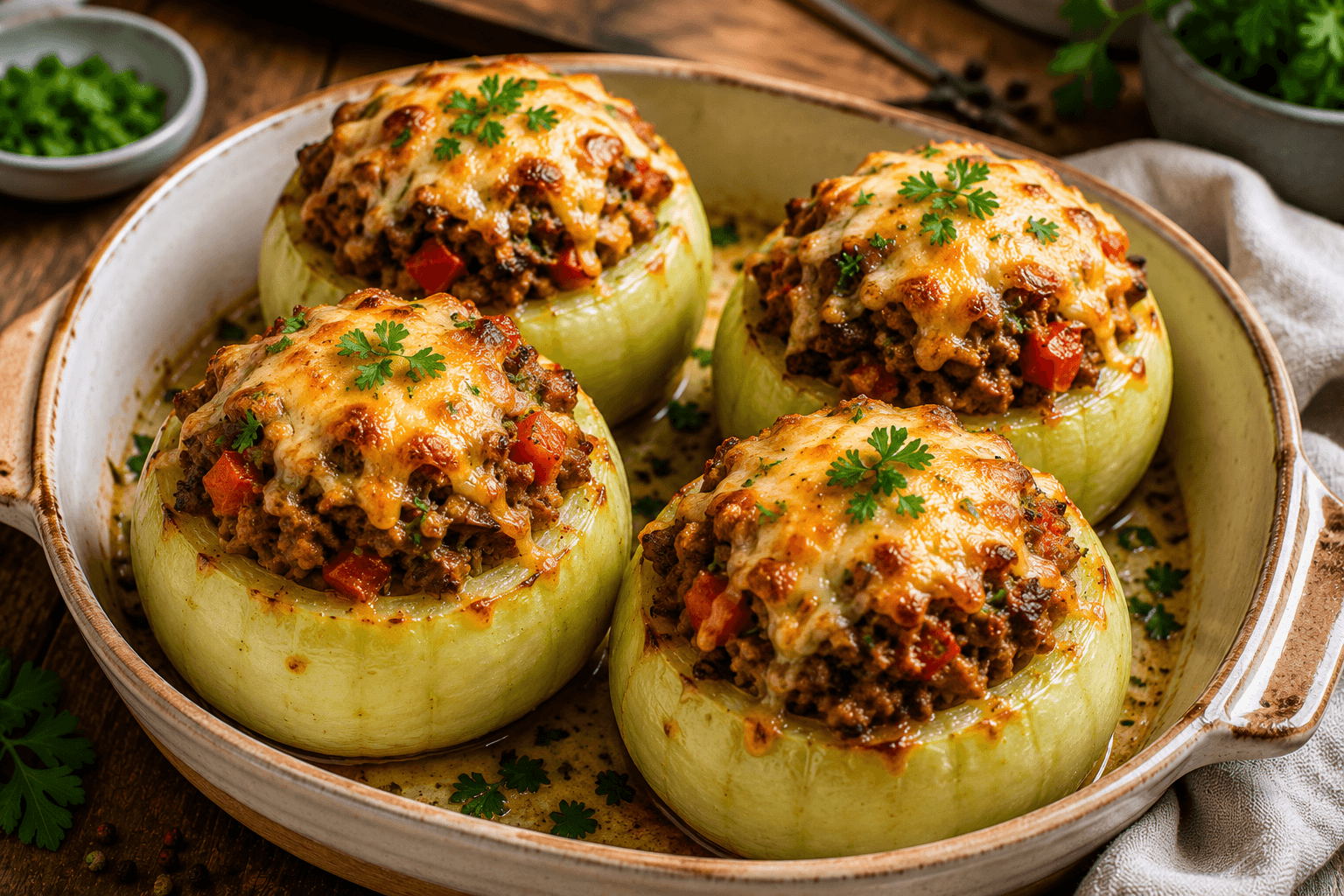 Gevulde Koolrabi met Gehakt, Groenten en Kaas uit de Oven