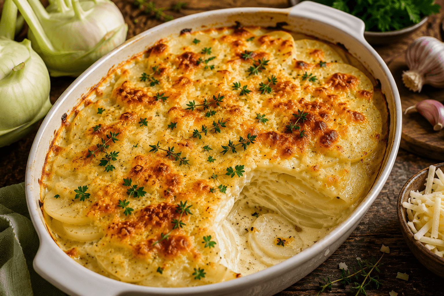 Koolrabigratin met Room, Knoflook en Gruyère
