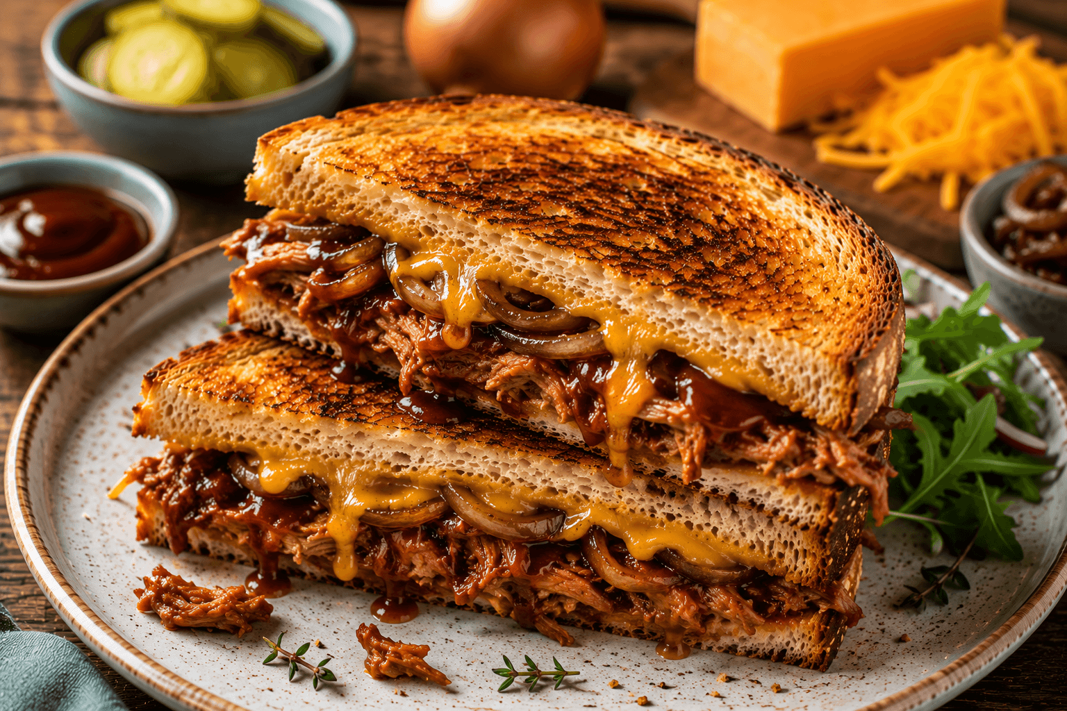 Pulled Pork Tosti met Cheddar en Gekaramelliseerde Ui
