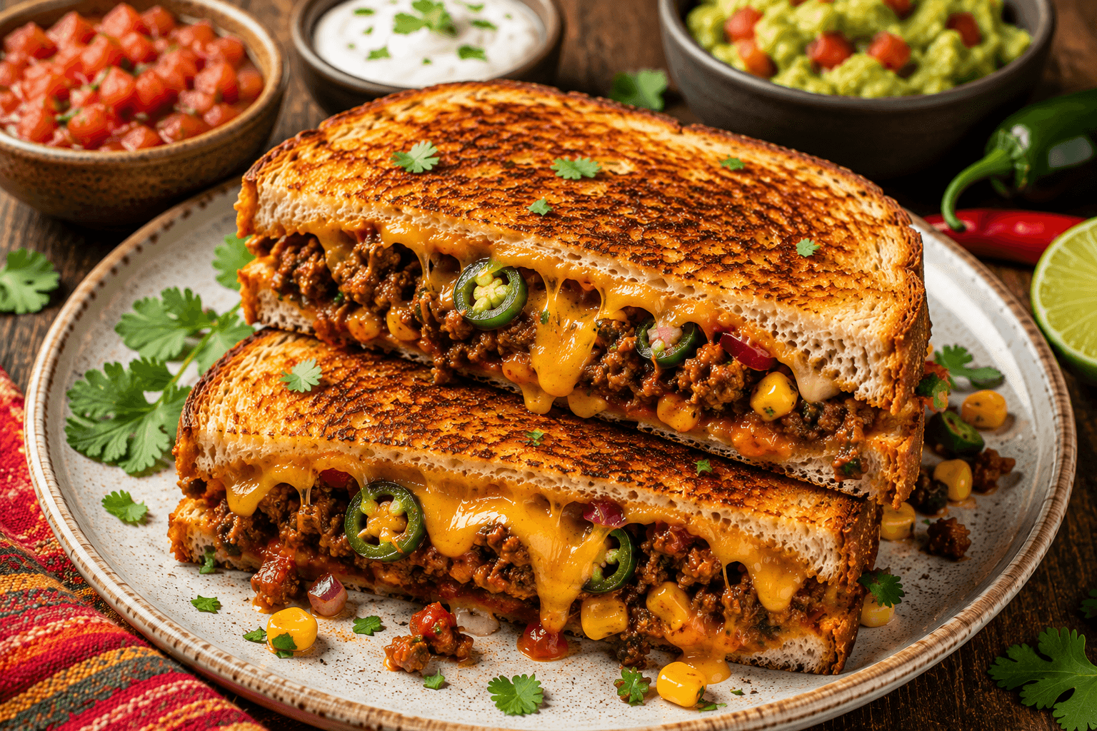 Mexicaanse Tosti met Gekruid Gehakt, Cheddar en Jalapeño
