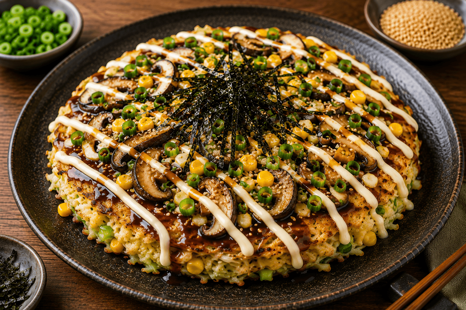 Vegetarische Okinomiyaki met Shiitake en Maïs