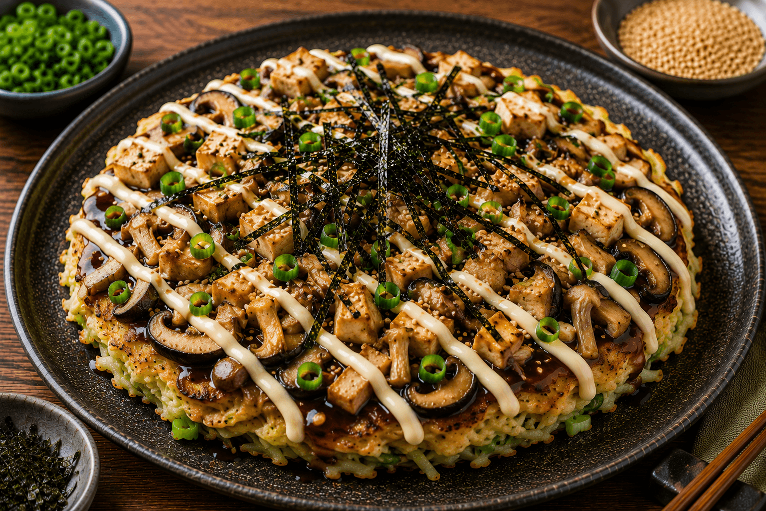 Vegan Okinomiyaki met Tofu en Paddenstoelen