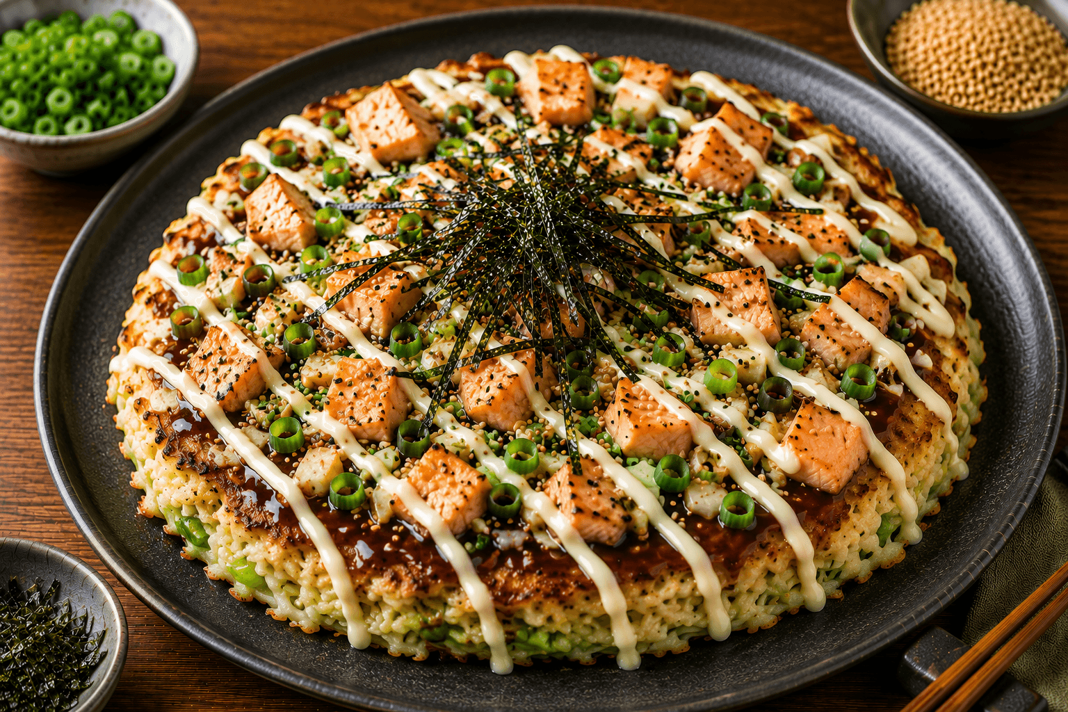Zalm en Bosui Okinomiyaki