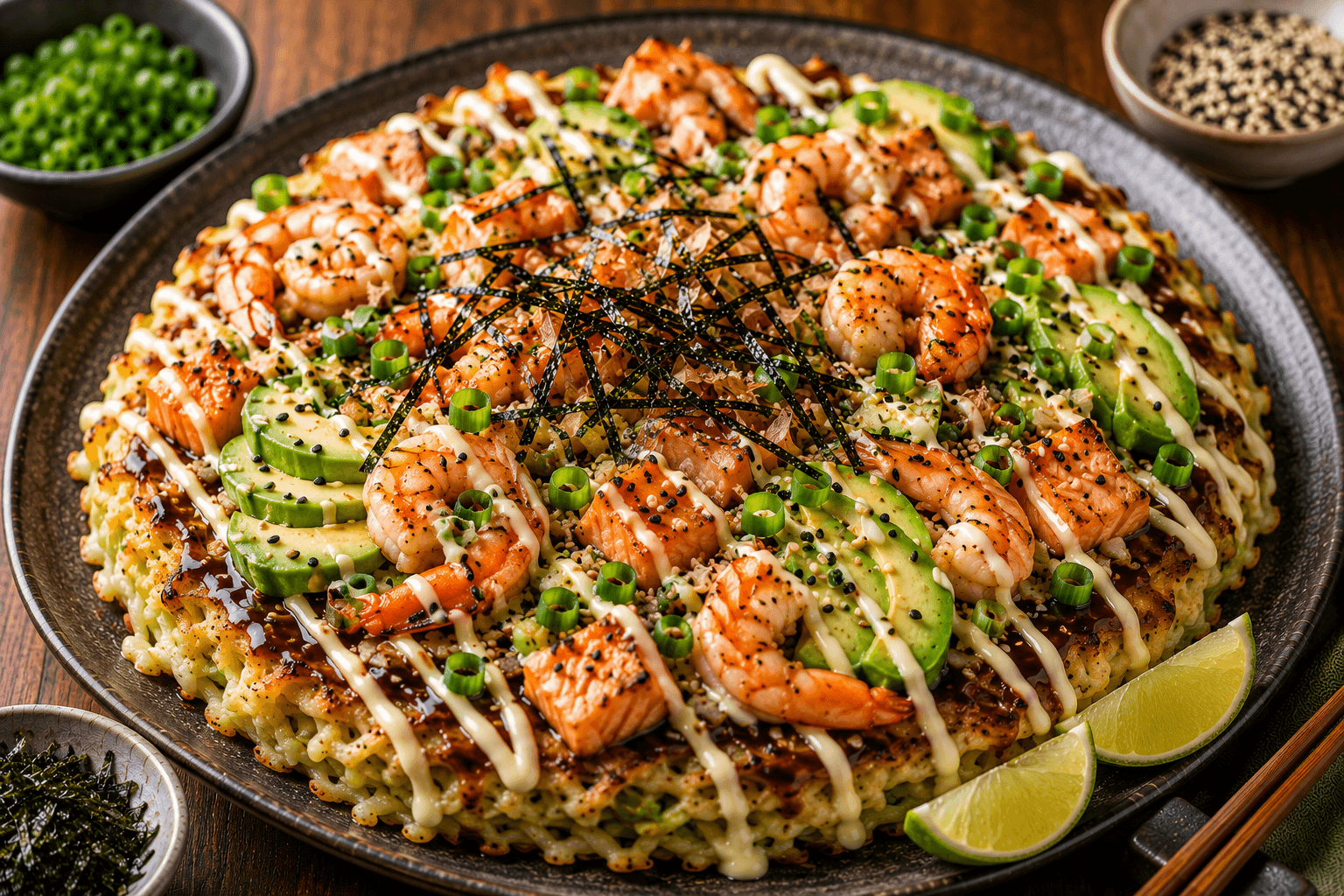 Luxe Okinomiyaki Deluxe met Garnalen, Zalm en Avocado