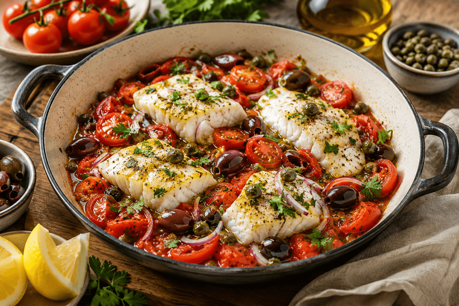 Mediterrane Kabeljauw met Tomaat, Olijven en Kappertjes