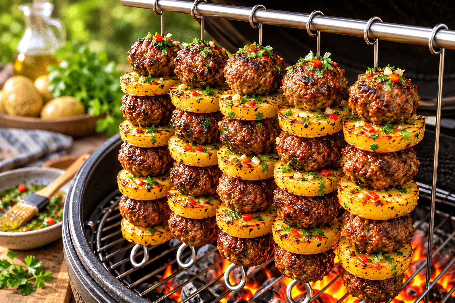 Aardappelspiezen met Gehakt van de Kamado