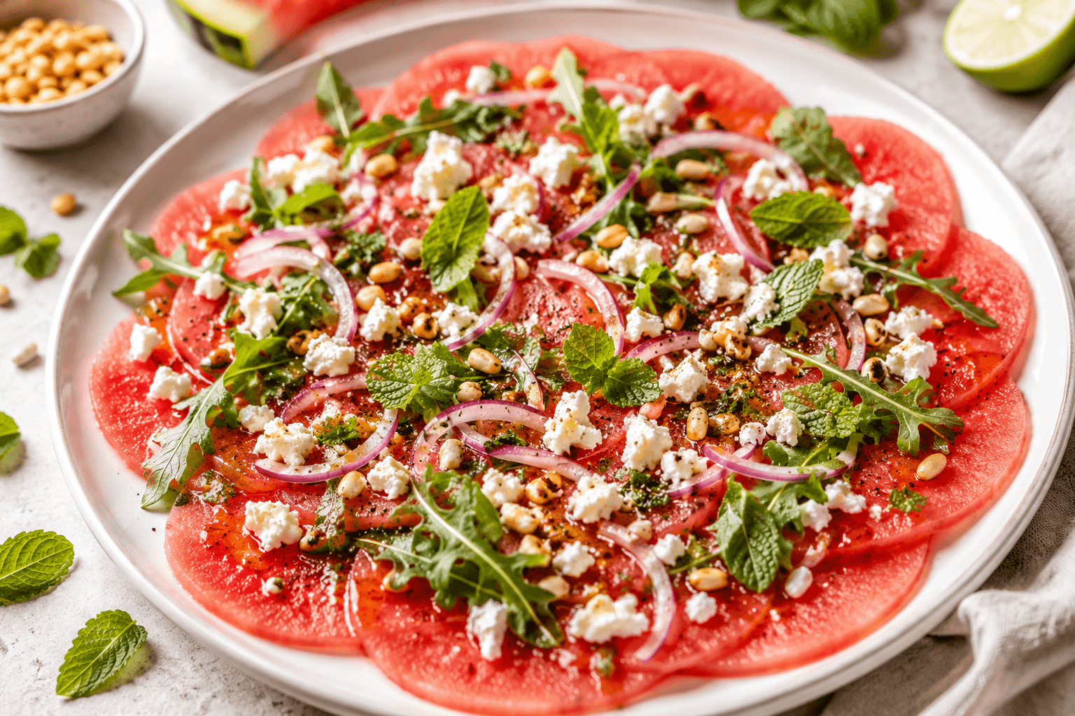 Carpaccio van Watermeloen met Feta, Rucola en Geroosterde Pijnboompitten