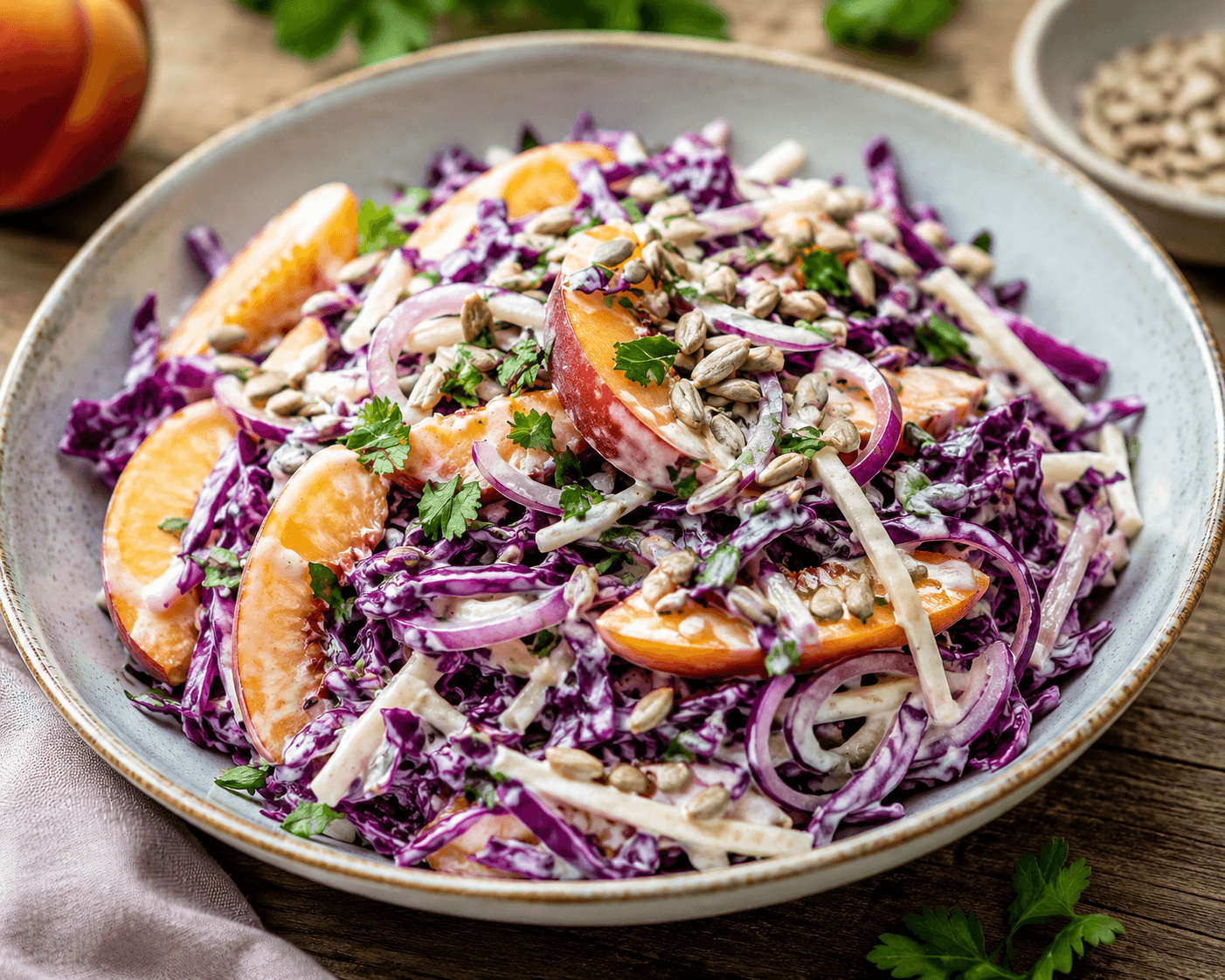 Koolrabi-, Rodekool- en Perziksalade met Romige Mayodressing