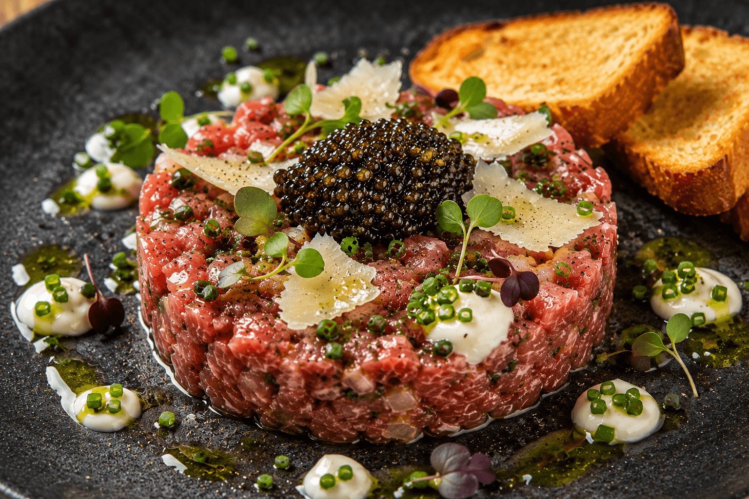 Wagyu Tartaar met Oscietra Kaviaar en Bieslookolie