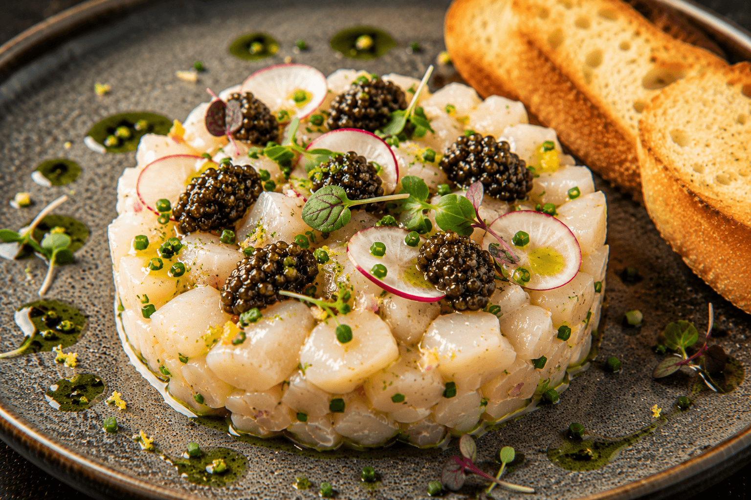 Coquilletartaar met Citrus, Bieslookolie en Kaviaar