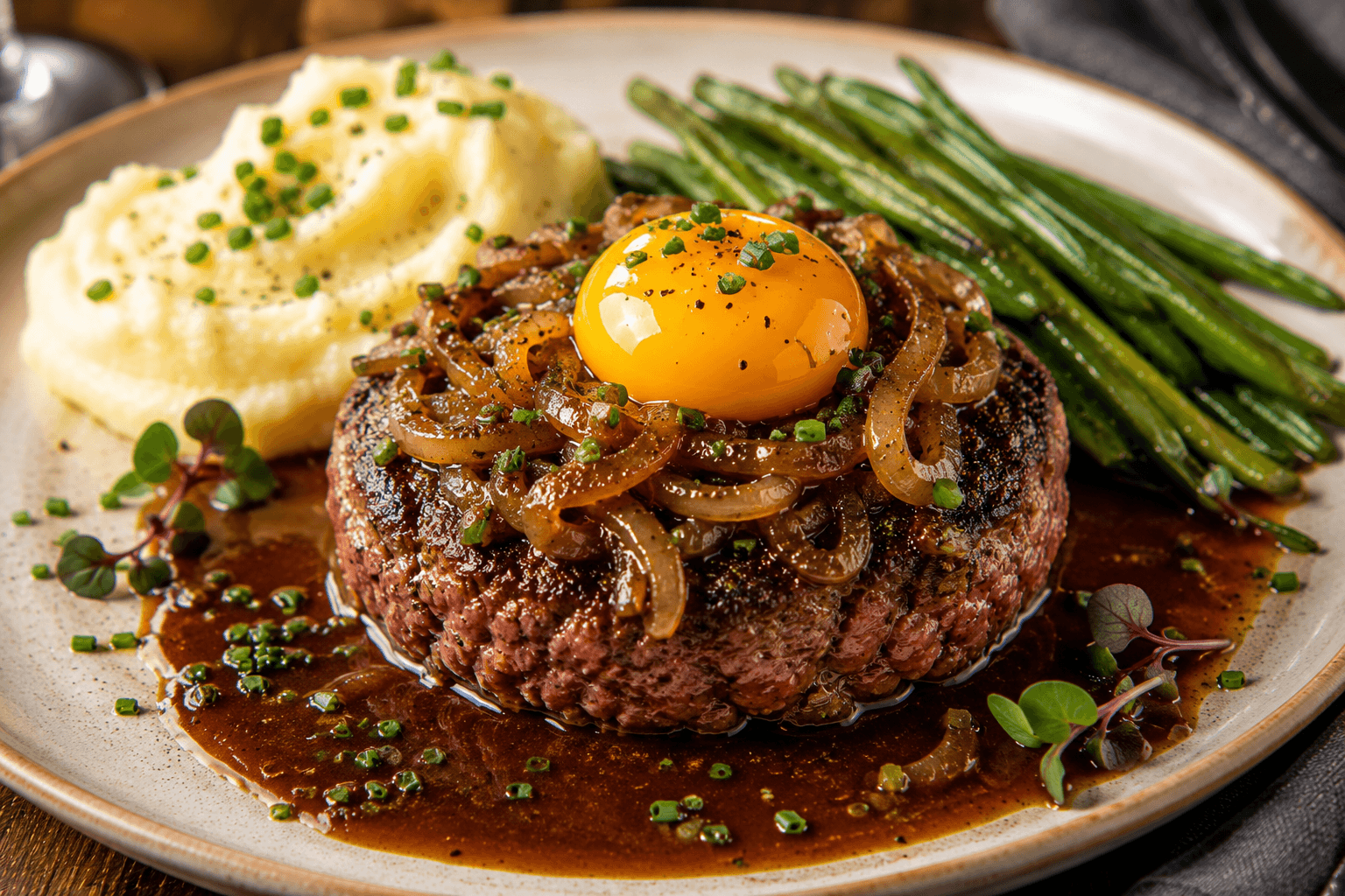 Klassieke Gebakken Steak Tartaar met Gebakken Ui, Eidooier en Jus