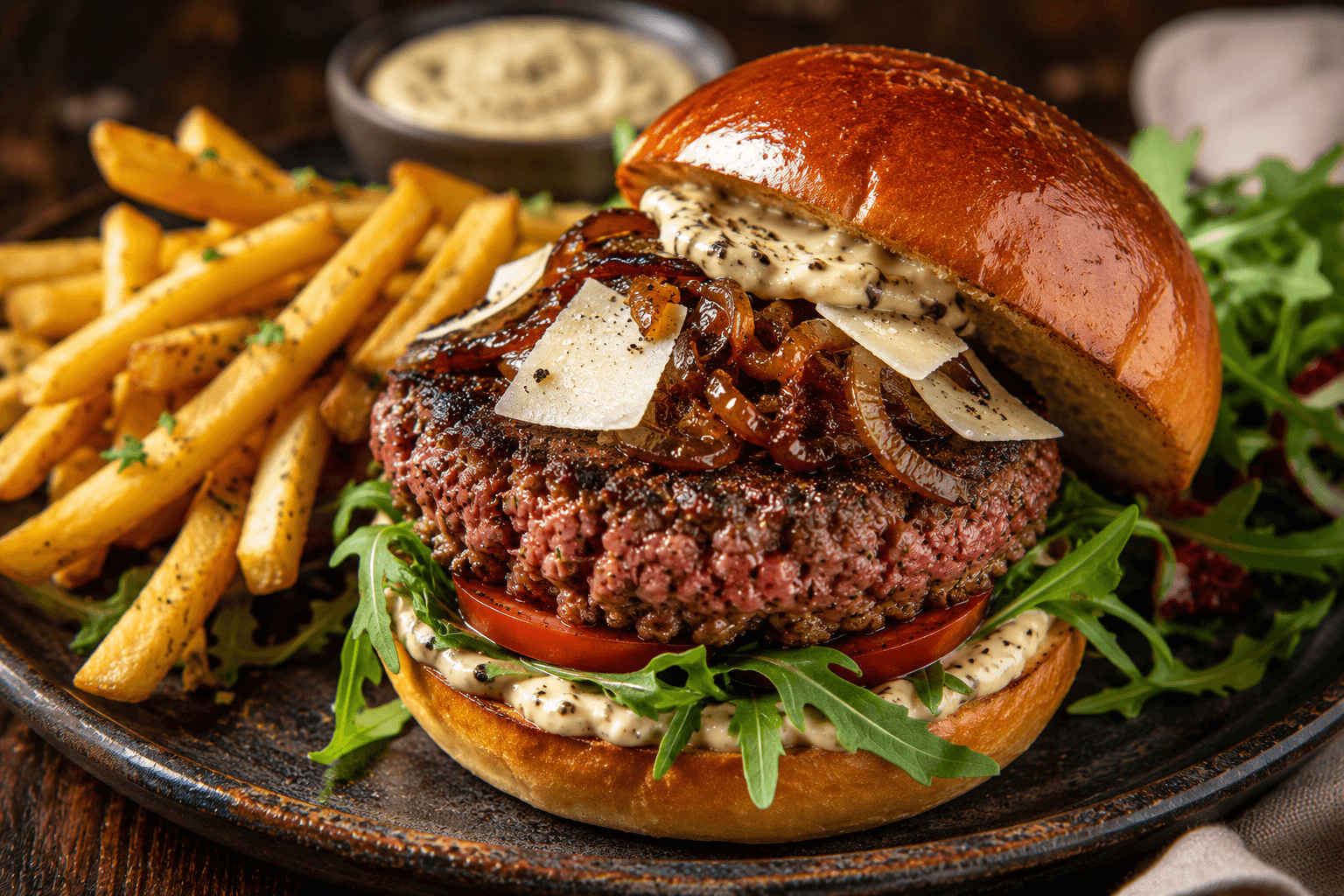 Bavette Tartaarburger Deluxe met Truffelmayonaise, Parmezaan en Rucola