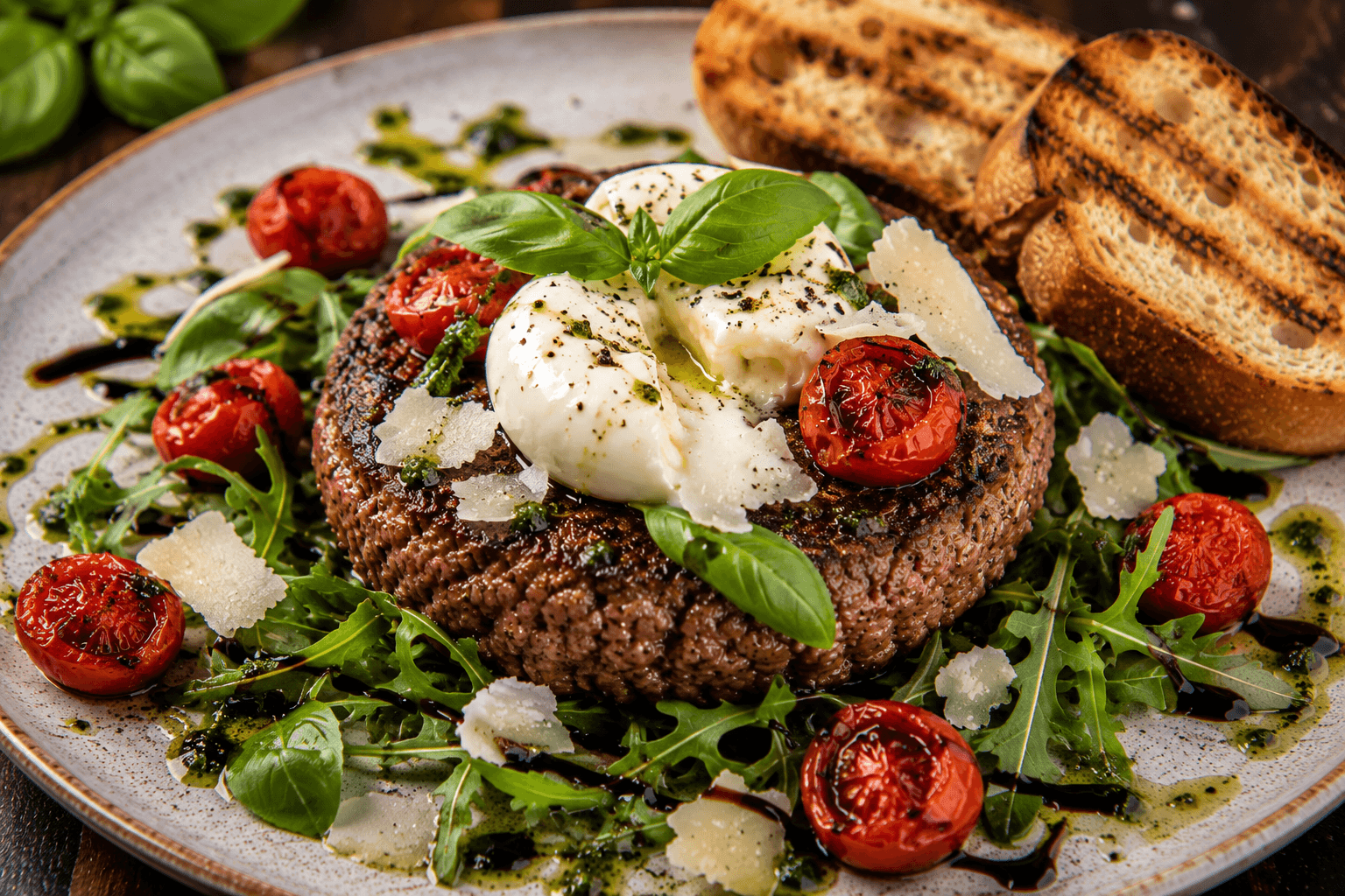 Italiaanse Gebakken Tartaar met Burrata, Geroosterde Tomaat en Basilicum