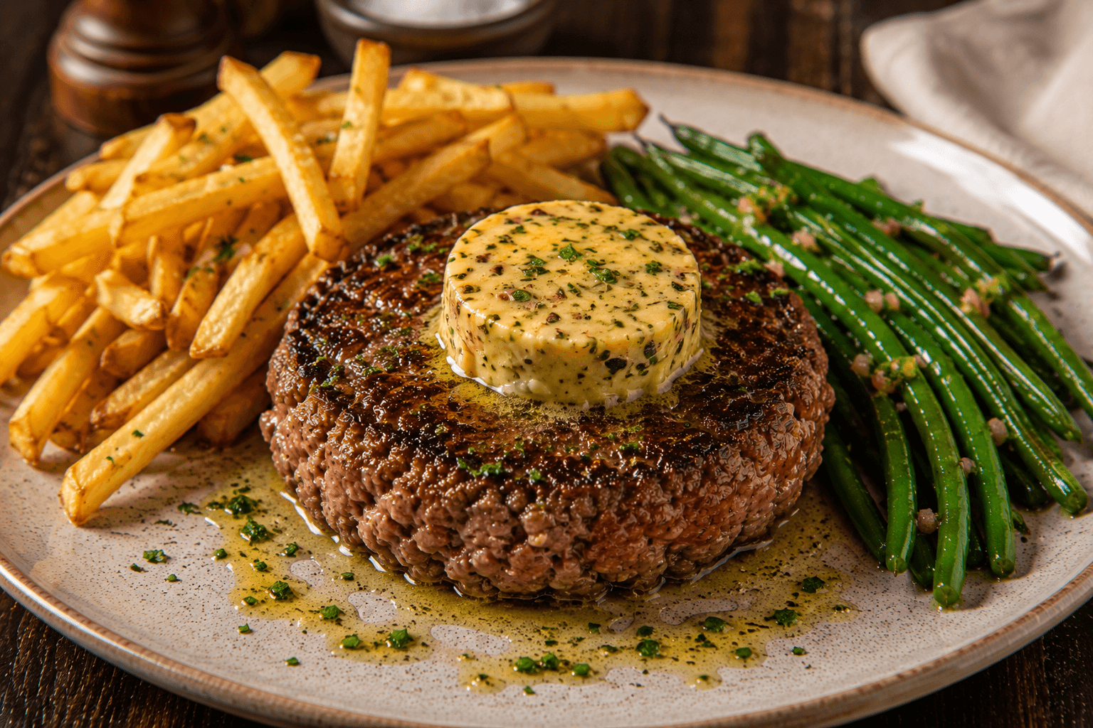 Franse Gebakken Tartaar à la Café de Paris met Haricots Verts en Pommes Frites