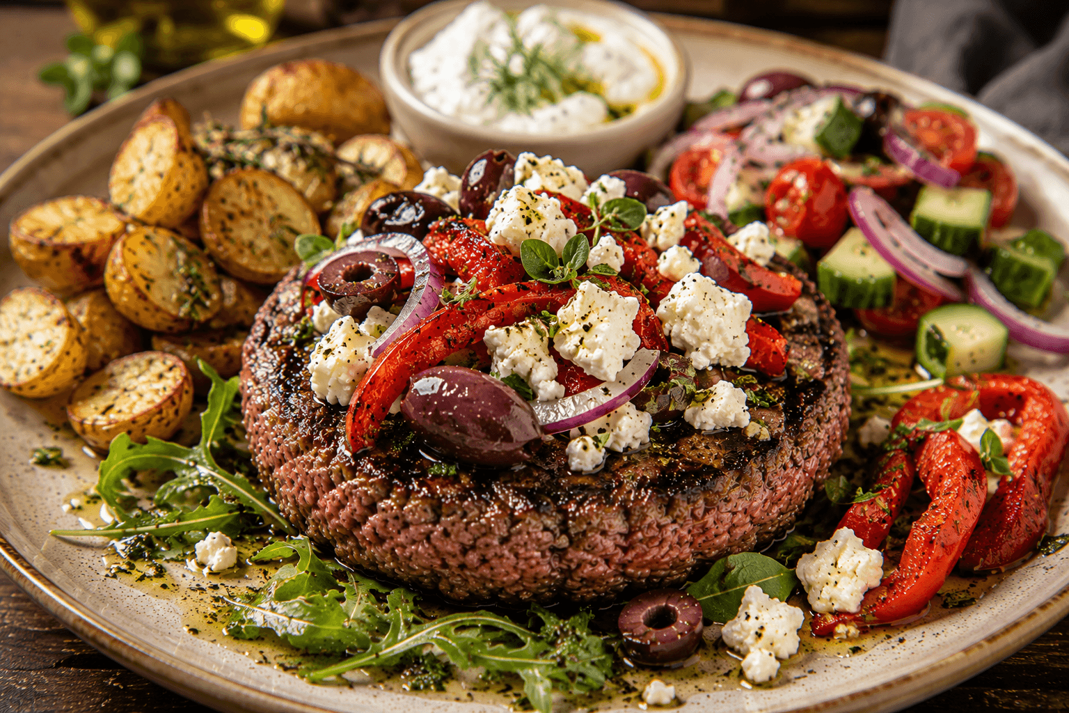 Mediterrane Gebakken Tartaar met Feta, Gegrilde Paprika en Olijven