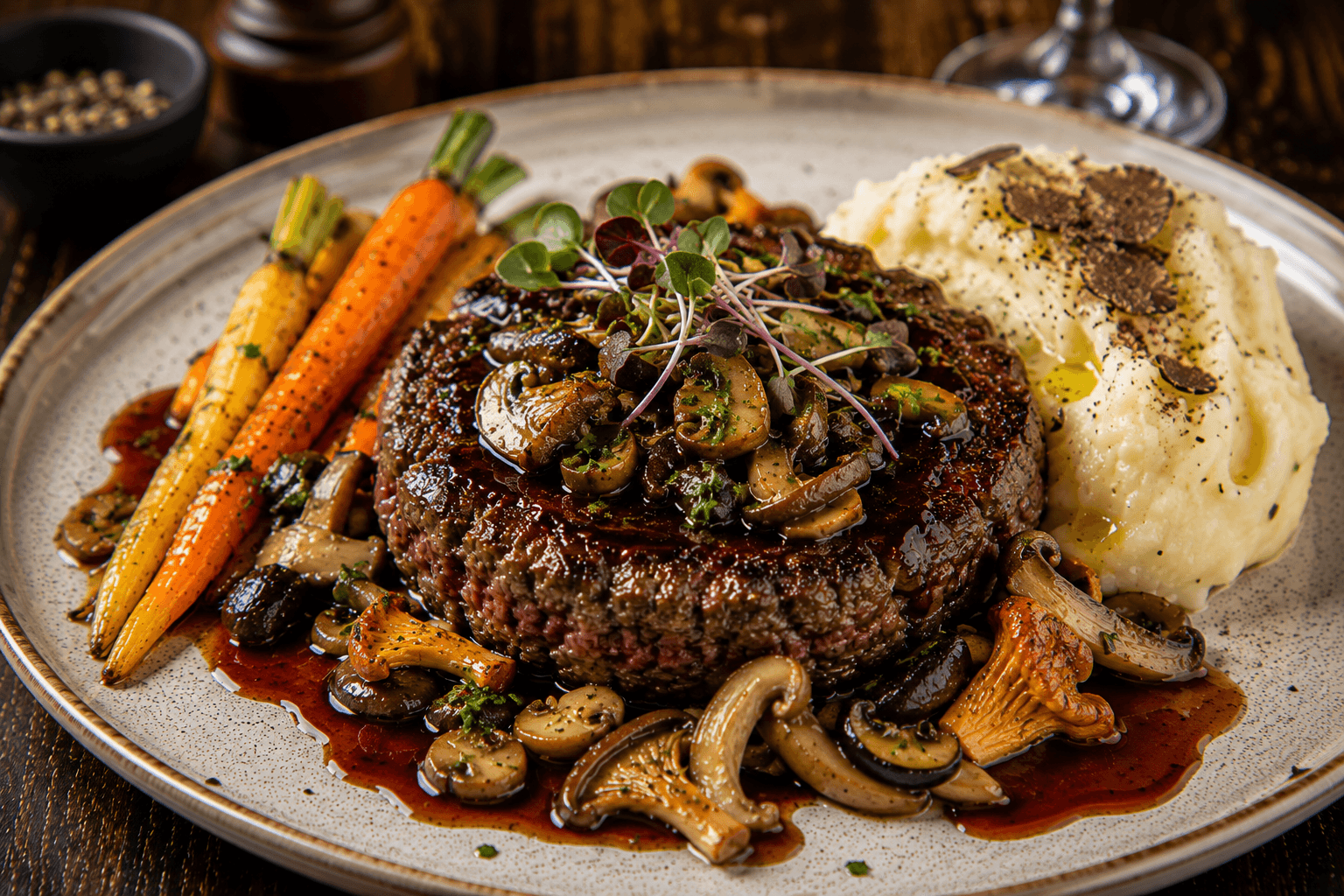 Wildtartaar van Hert met Rodewijnsaus, Bospaddenstoelen en Truffelaardappelpuree