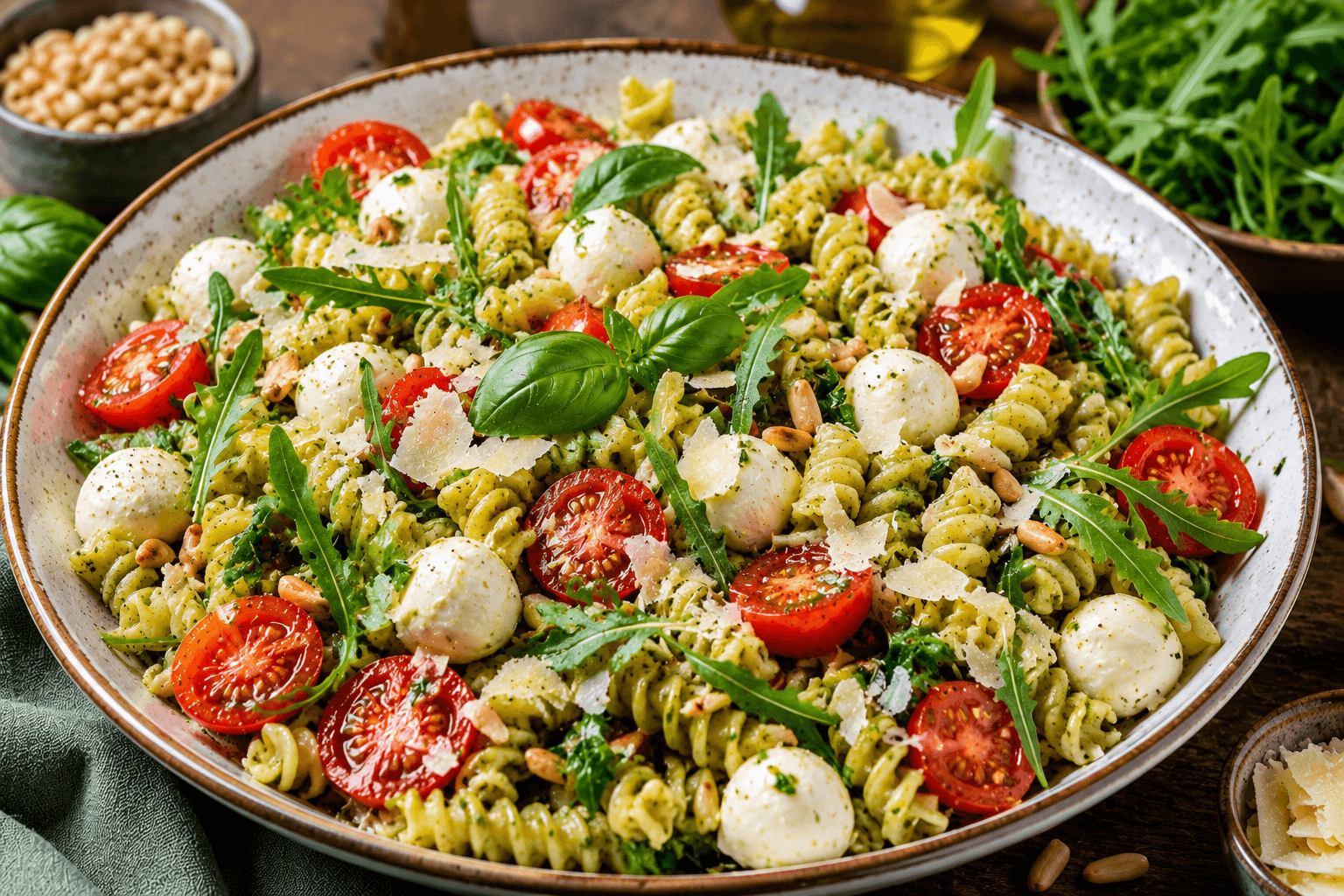 Italiaanse Pastasalade met Pesto, Mozzarella en Tomaat