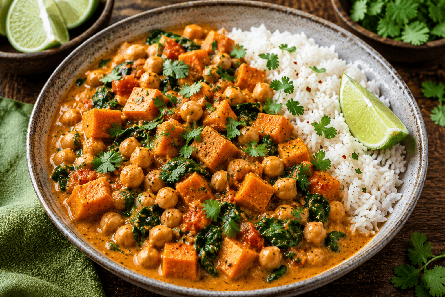 Vega Curry met Kikkererwten en Zoete Aardappel