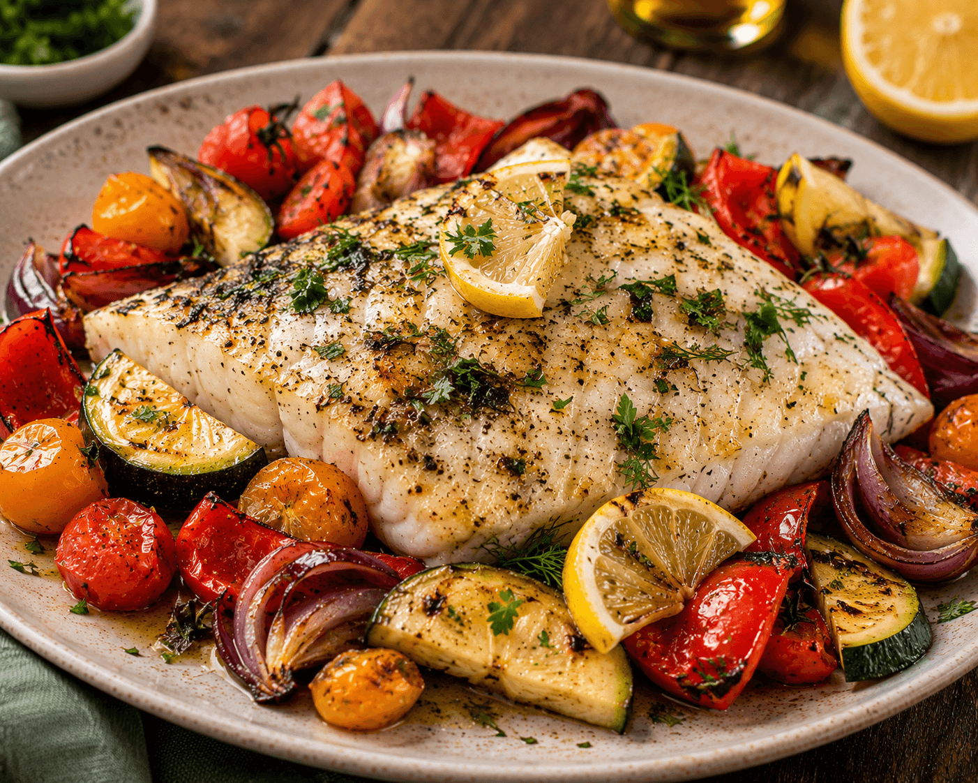 Barramundi met Citroen, Kruiden en Geroosterde Groenten