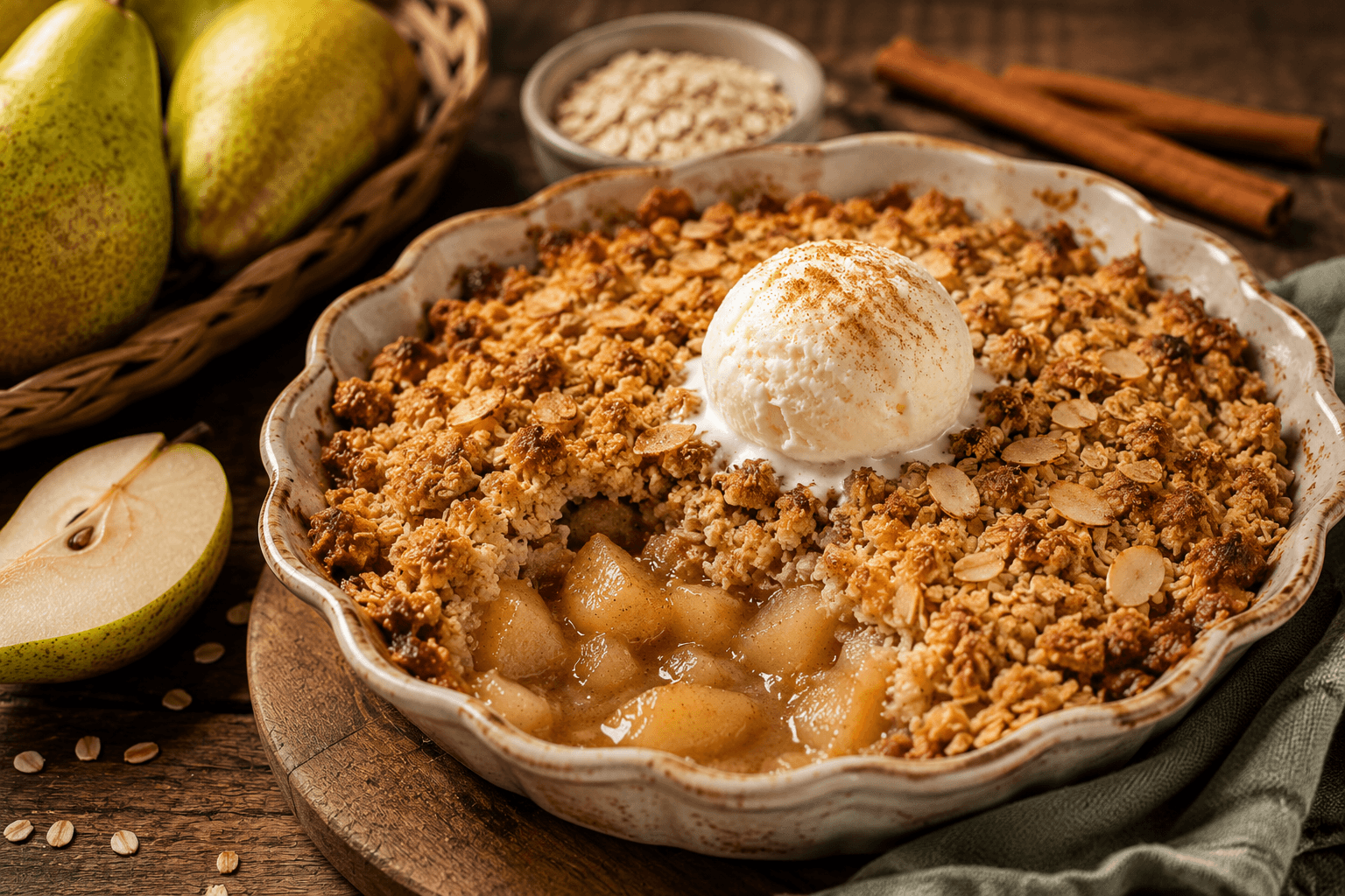 Conference-perencrumble met havermout en kaneel