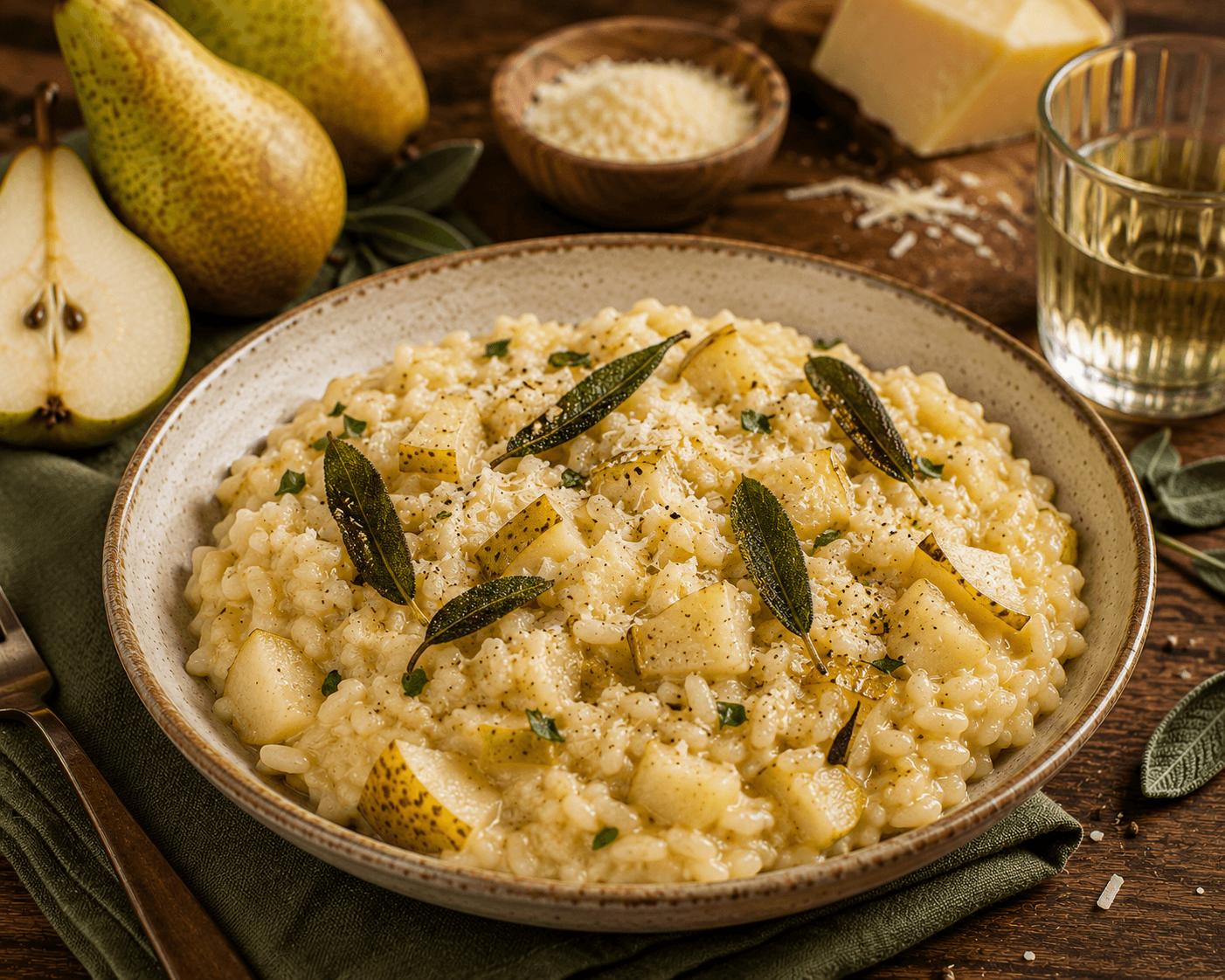 Conference-perenrisotto met Parmezaanse kaas en salie
