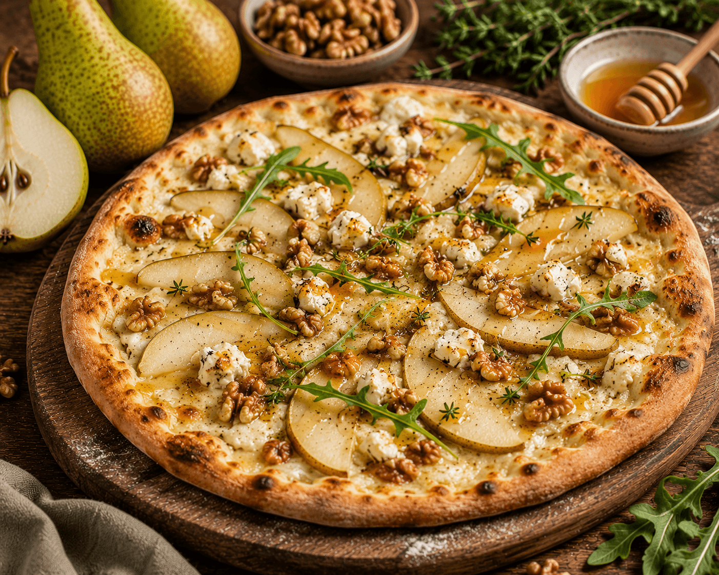 Conference-perenpizza met geitenkaas, honing en walnoten