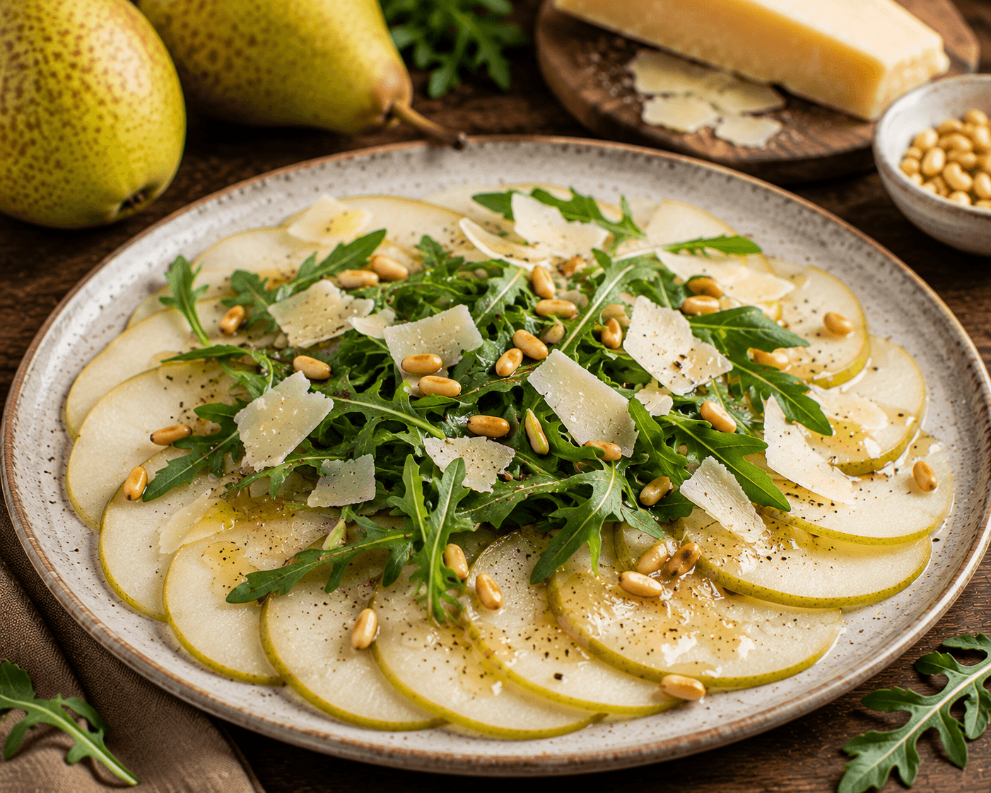 Conference-perencarpaccio met Parmezaanse kaas, rucola en pijnboompitten