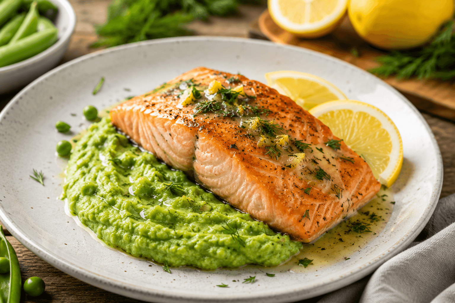 Zalm met Citroenboter en Doperwtenpuree
