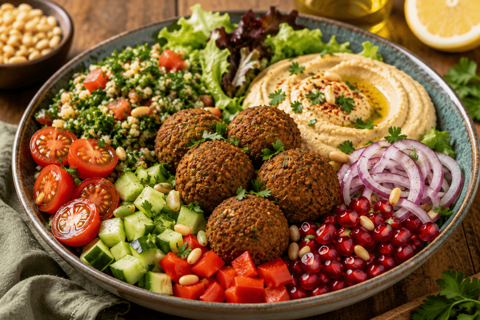 Falafel Bowl met Hummus en Tabouleh