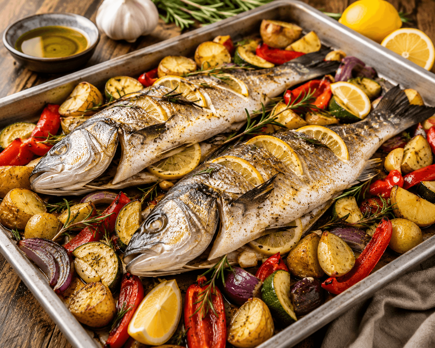Branzino al Forno met Citroen, Rozemarijn en Geroosterde Groenten