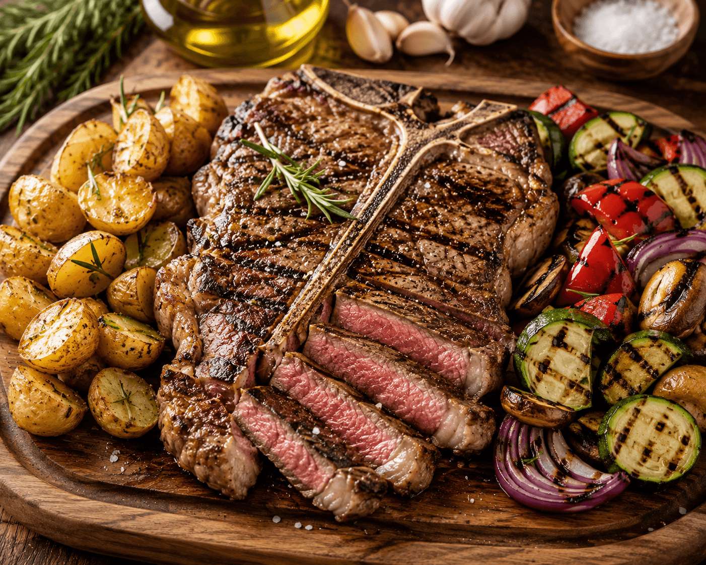 Bistecca alla Fiorentina met Rozemarijnaardappelen en Gegrilde Groenten